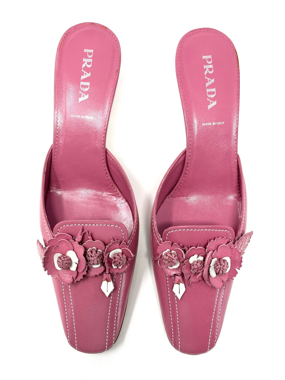 Vintage Prada 90s Pink White Leather Flower Bouquet Mules Kitten Heels 36.5 6.5 - Picture 3 of 12